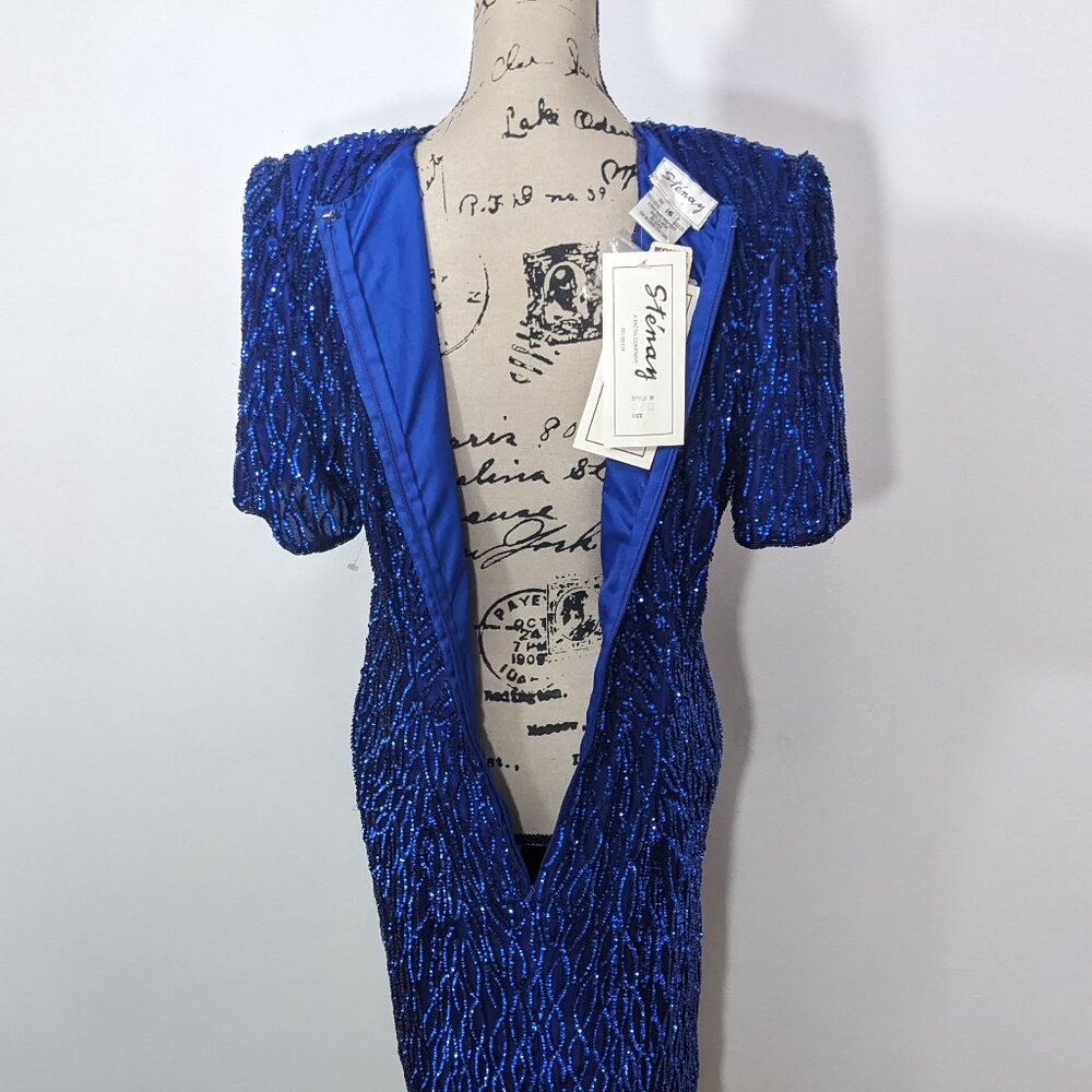 NWT STENAY Blue 100% Silk Sequined Formal Holiday Evening Dress Classy 16 - Picture 9 of 15